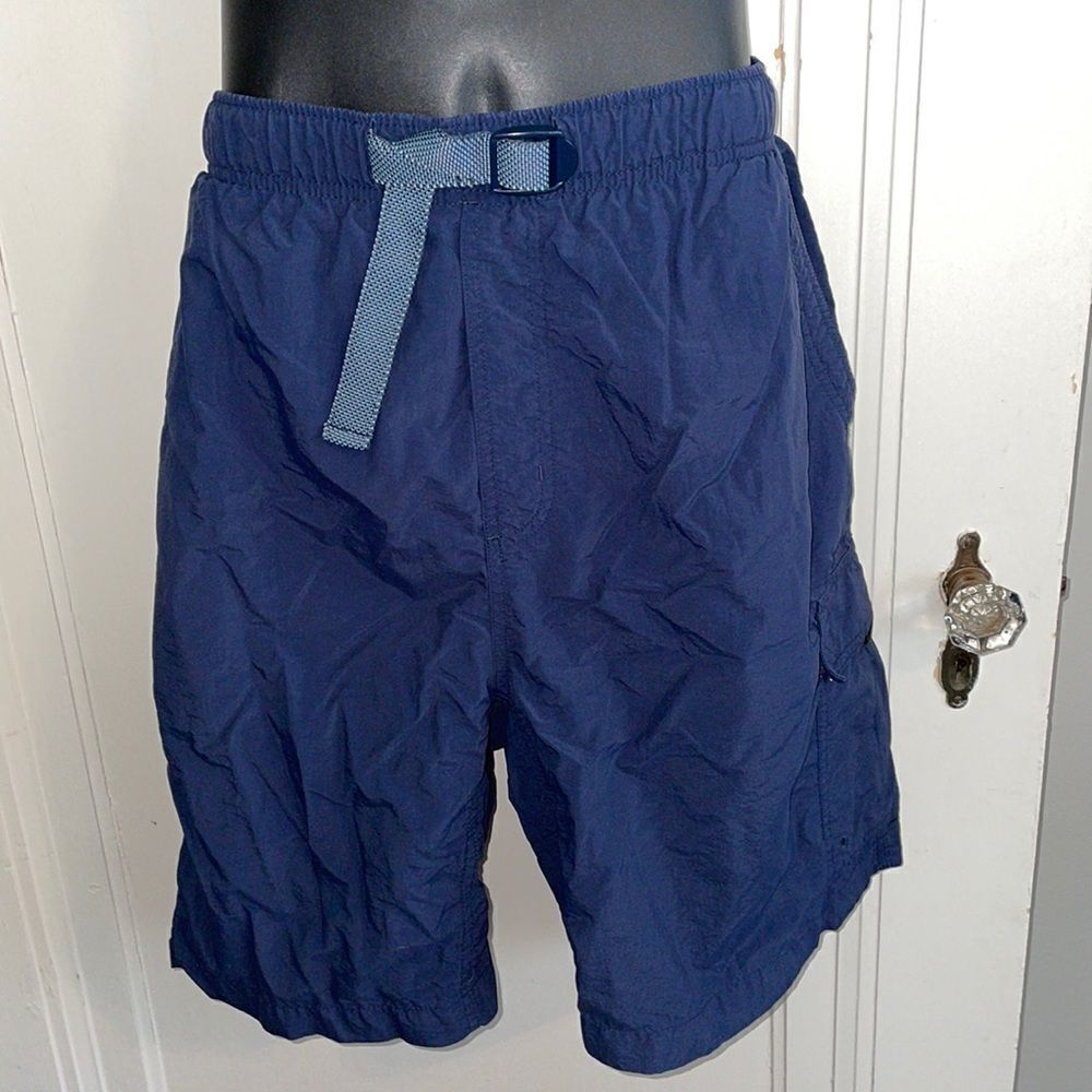 Columbia navy blue polyester swim trunks with front buckle & 2 side leg pockets